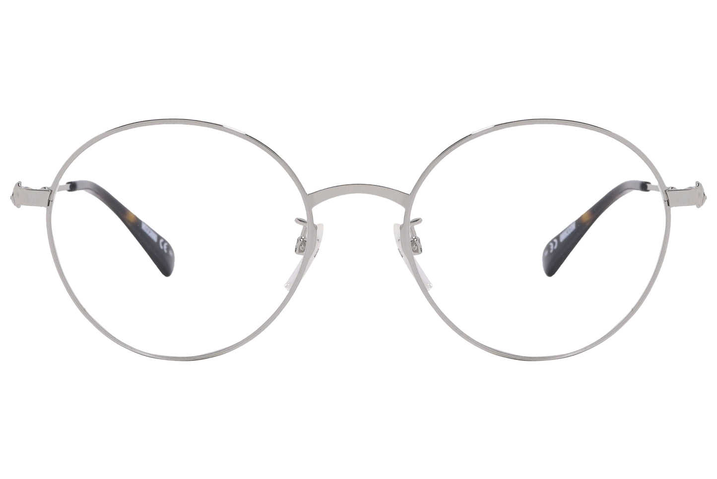 moschino round silver eyeglasses frame viewed from front angle.