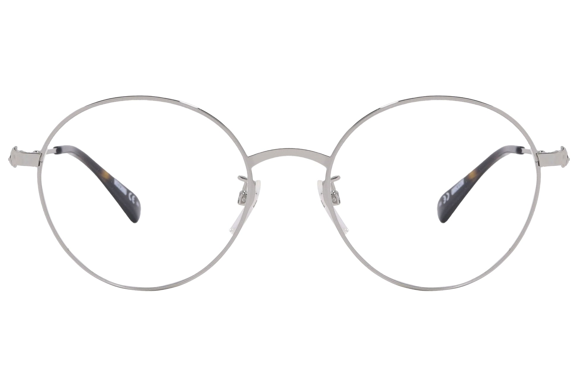 moschino round silver eyeglasses frame viewed from front angle.