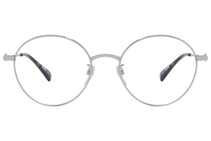 moschino round silver eyeglasses frame viewed from front angle.