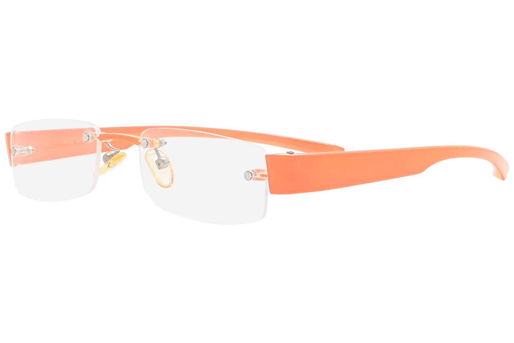 moya rimless orange eyeglasses frame viewed from a 45-degree angle.