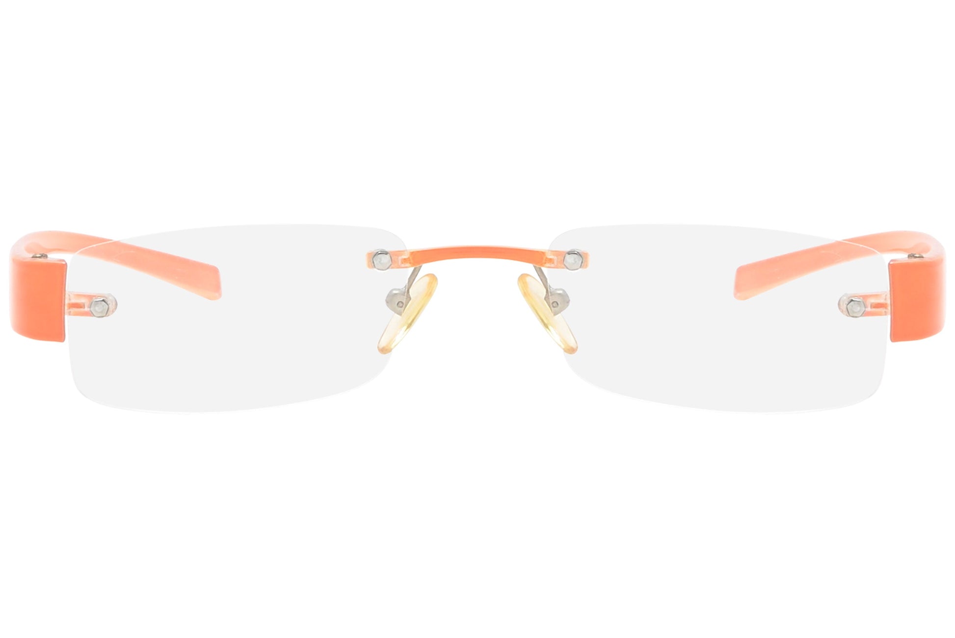 moya rimless orange eyeglasses frame viewed from front view.