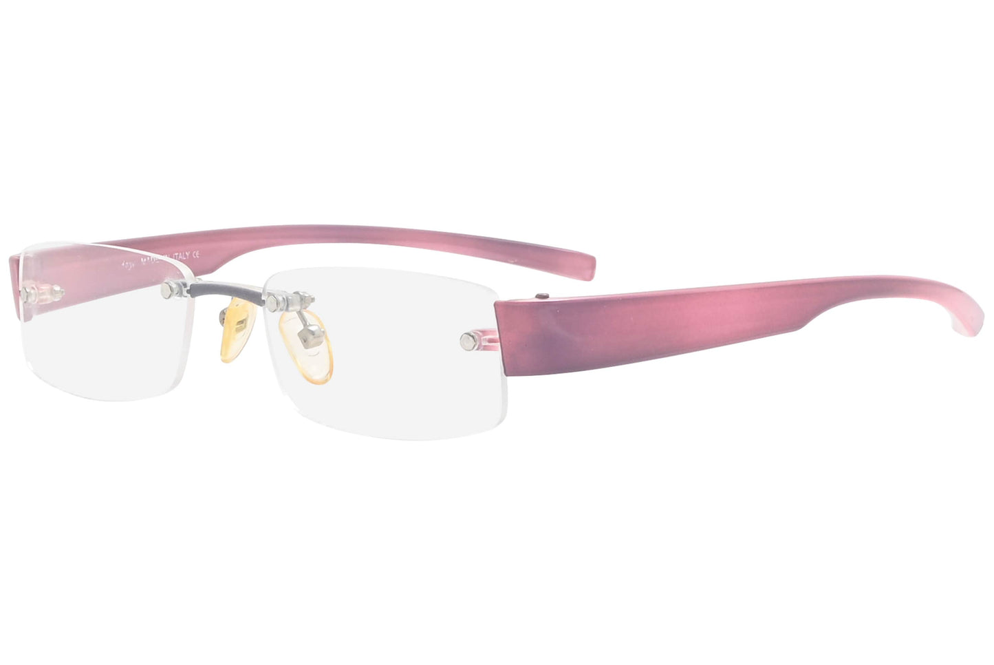 moya rimless pink eyeglasses frame viewed from a 45-degree angle.