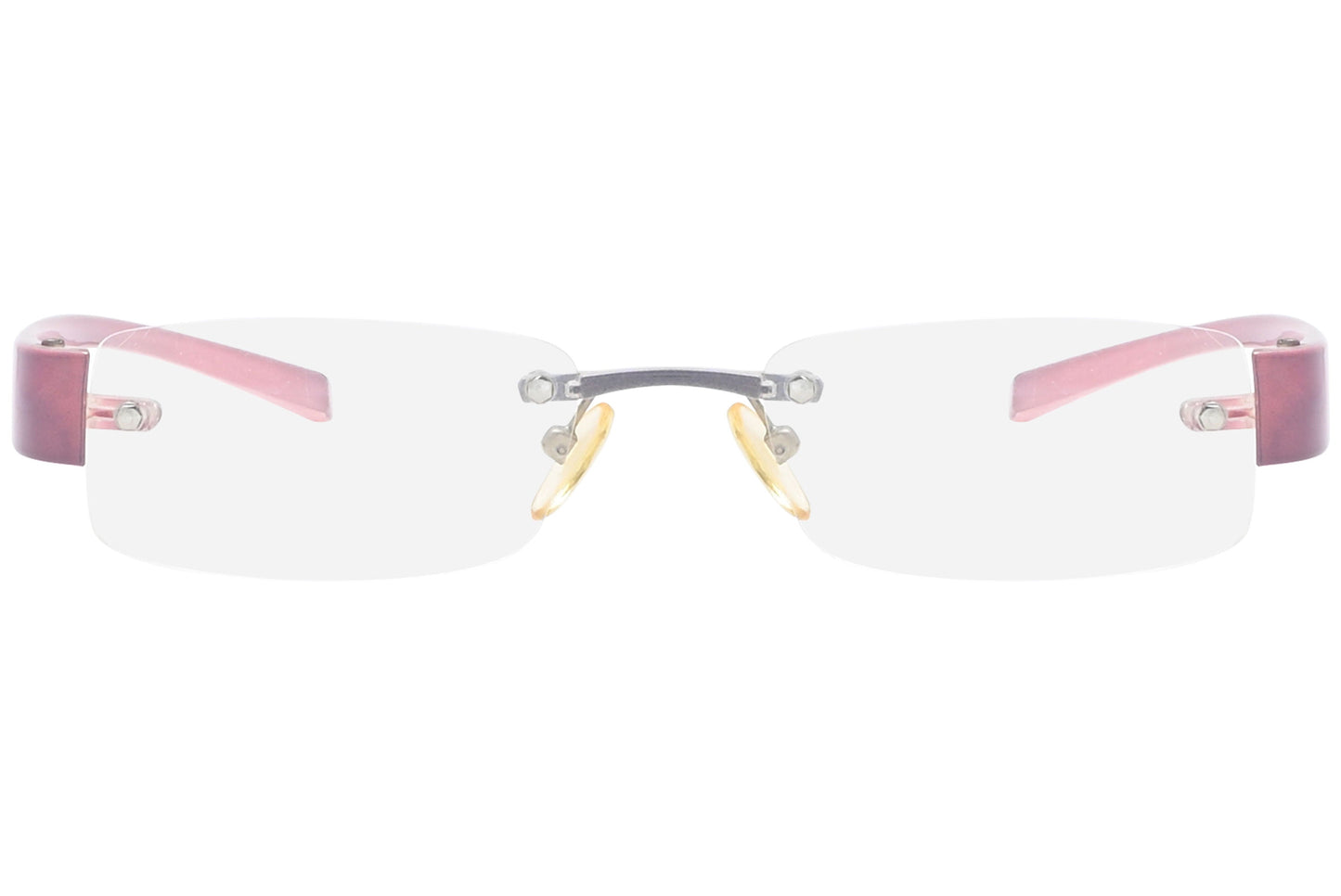 moya rimless pink eyeglasses frame viewed from front view.