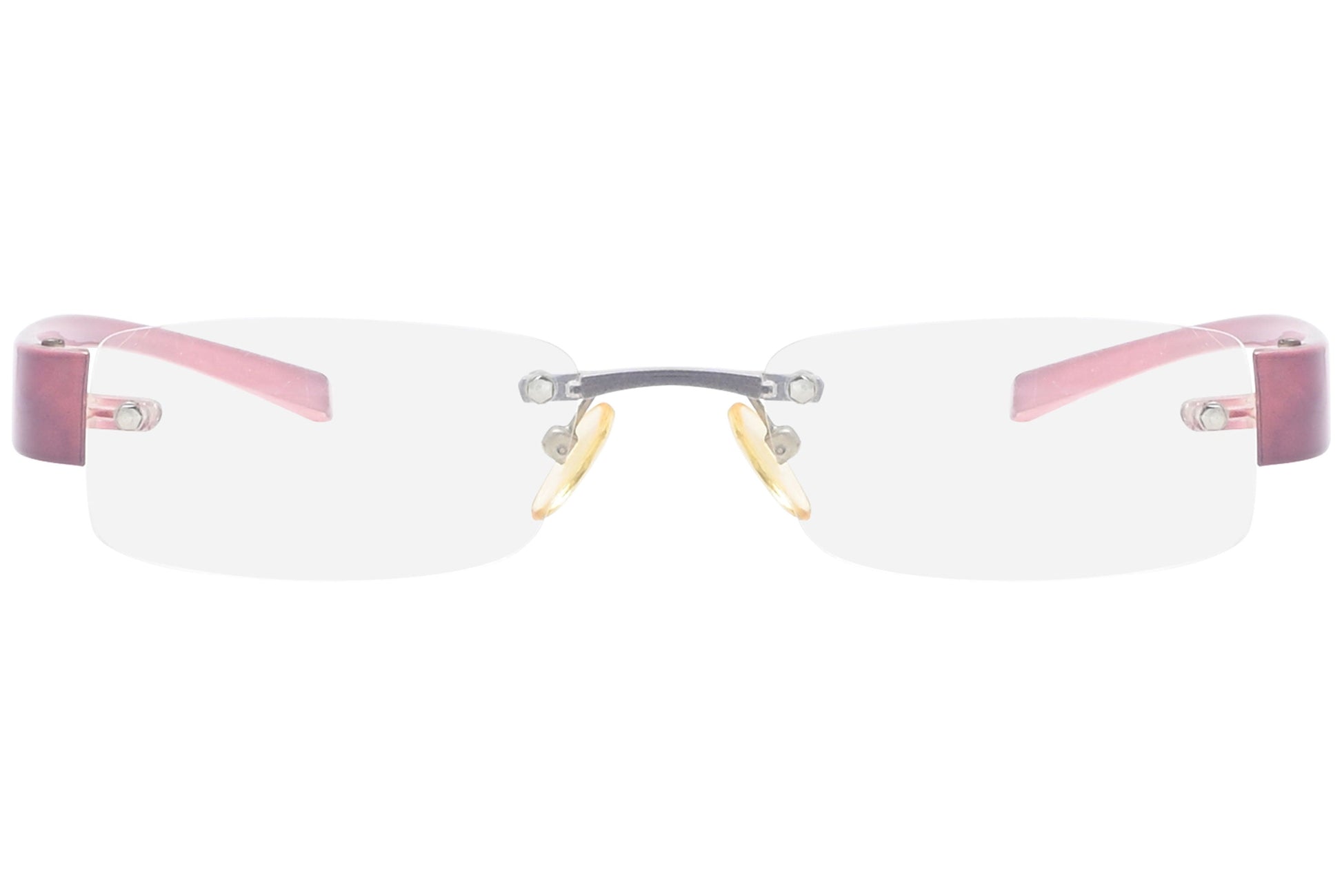 moya rimless pink eyeglasses frame viewed from front view.