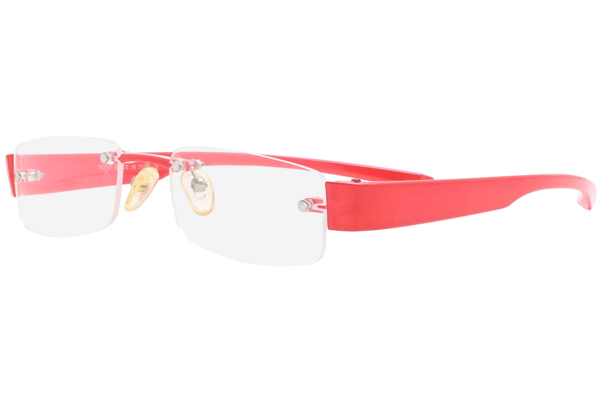 moya rimless red eyeglasses frame viewed from a 45-degree angle.