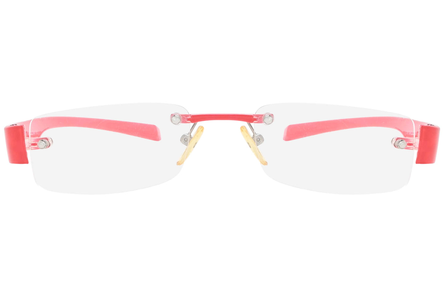 moya rimless red eyeglasses frame viewed from front view.