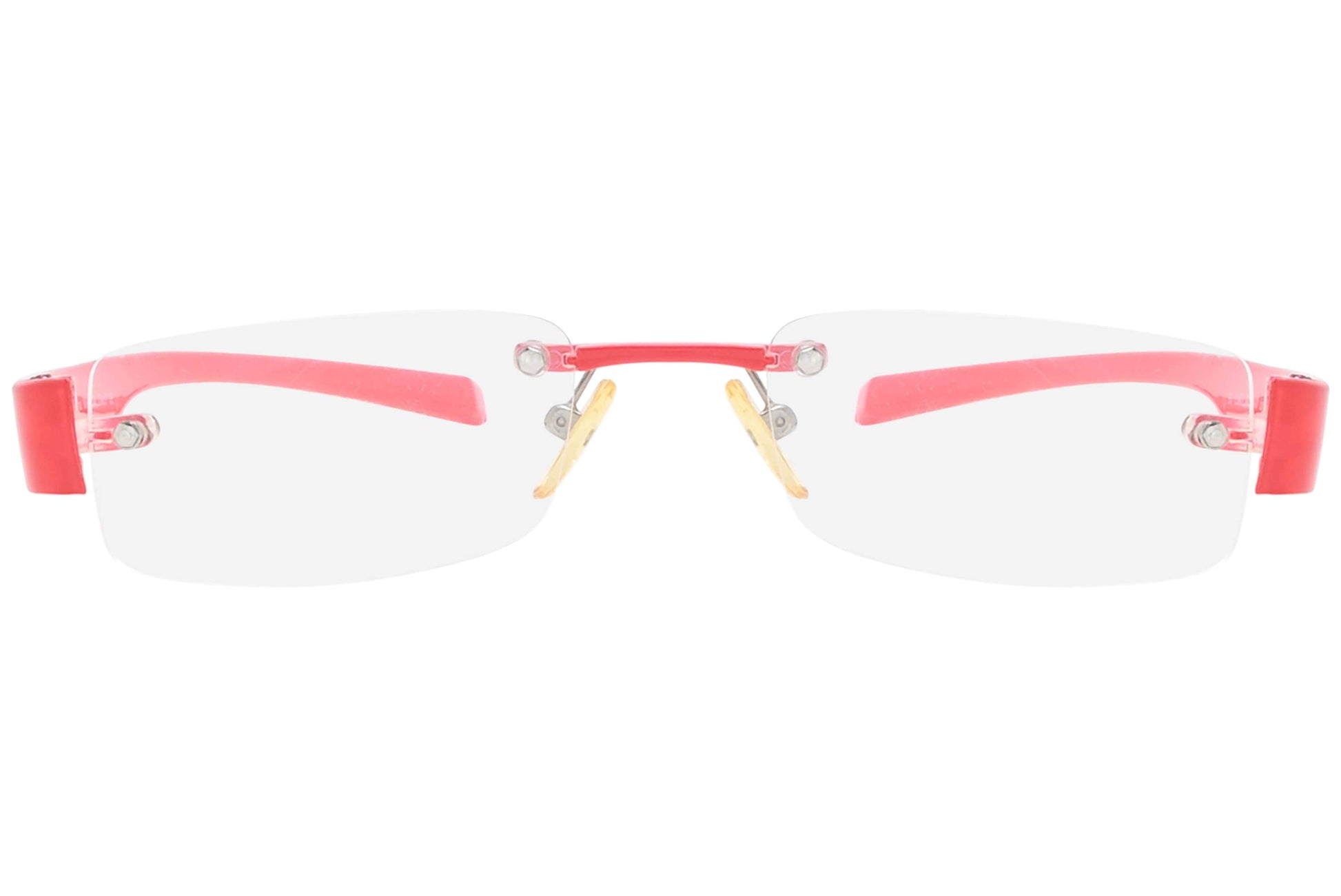 moya rimless red eyeglasses frame viewed from front view.