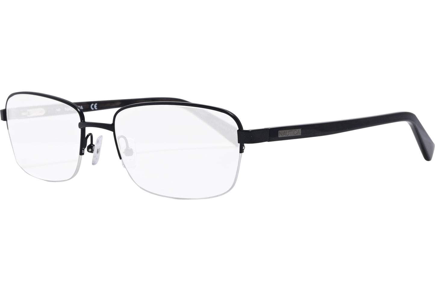 nautica rectangle black eyeglasses frame viewed from a 45-degree angle.