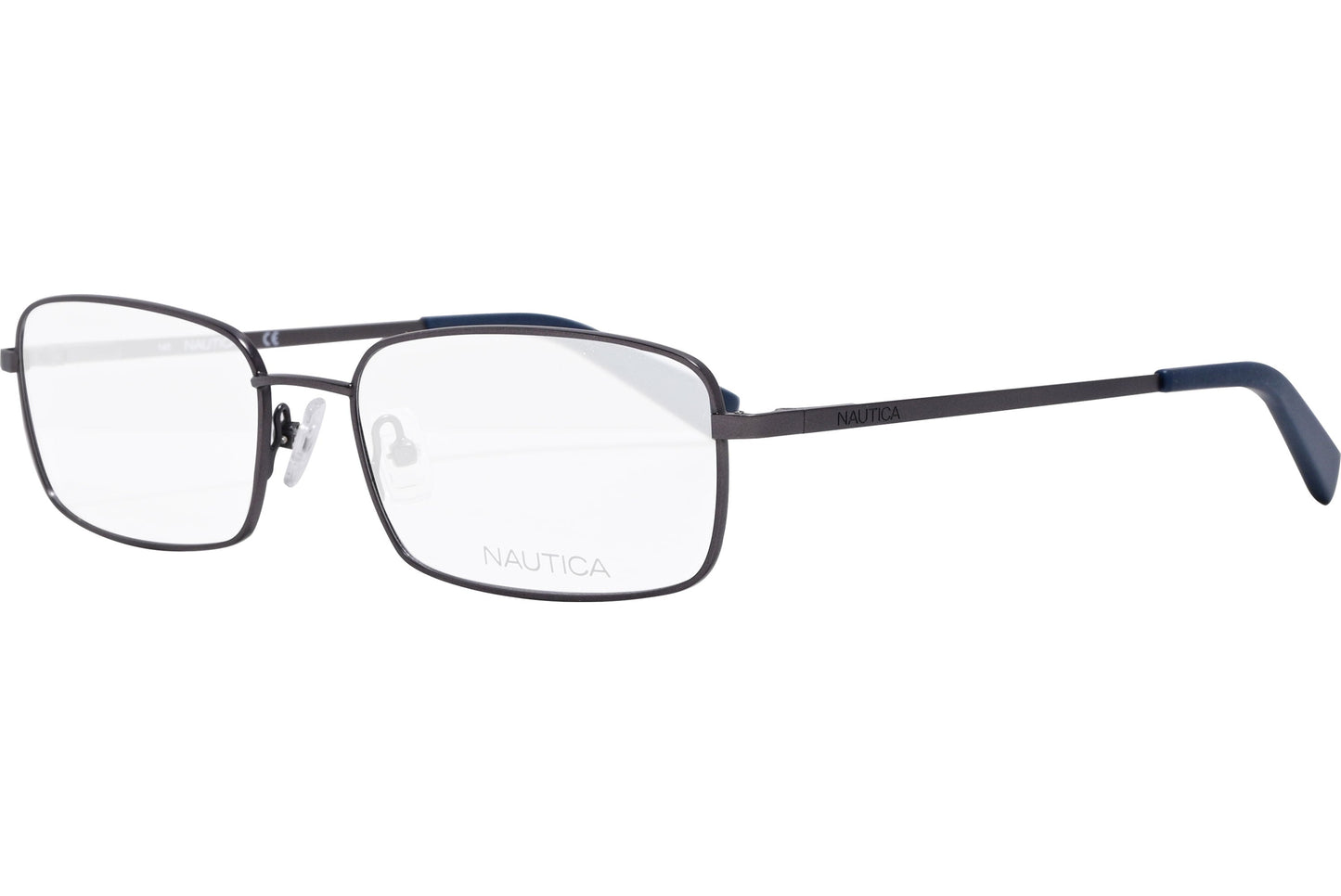 nautica rectangle navy blue eyeglasses frame viewed from a 45-degree angle.