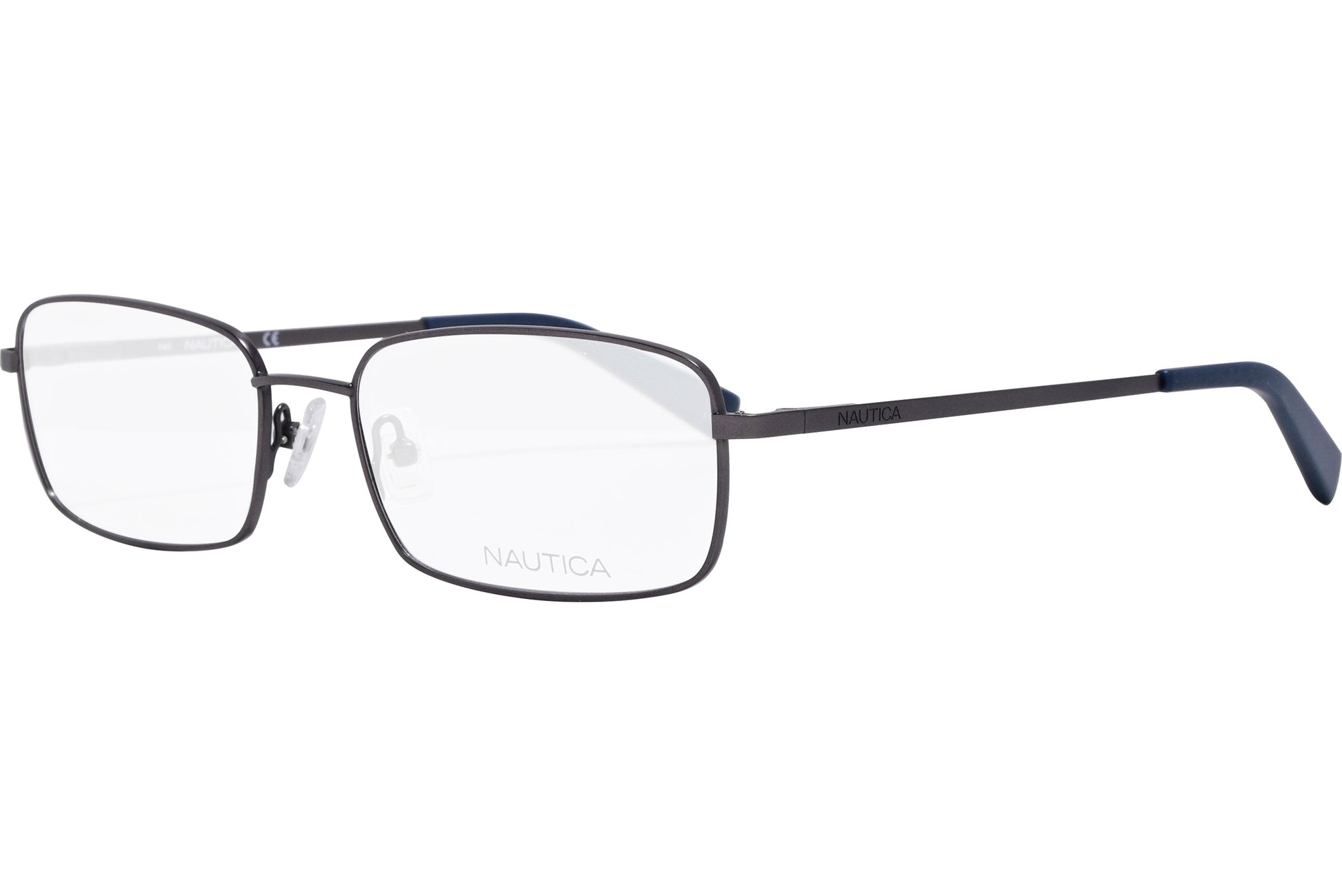 nautica rectangle navy blue eyeglasses frame viewed from a 45-degree angle.