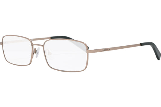 nautica rectangle gold eyeglasses frame viewed from a 45-degree angle.