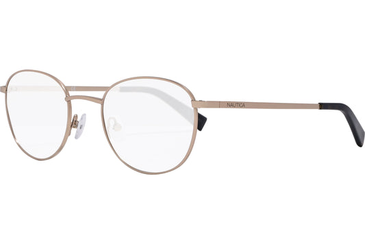 nautica oval gold eyeglasses frame viewed from a 45-degree angle.