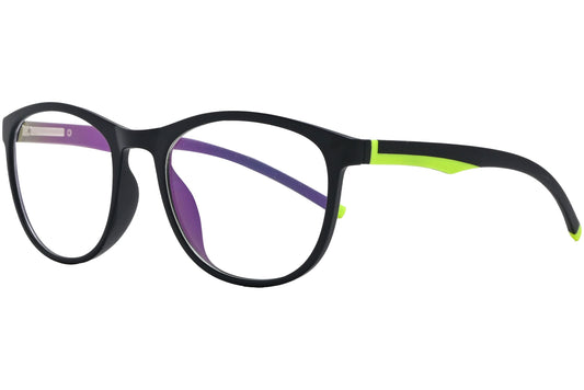 newest rectangle black with neon green eyeglasses frame viewed from a 45-degree angle.