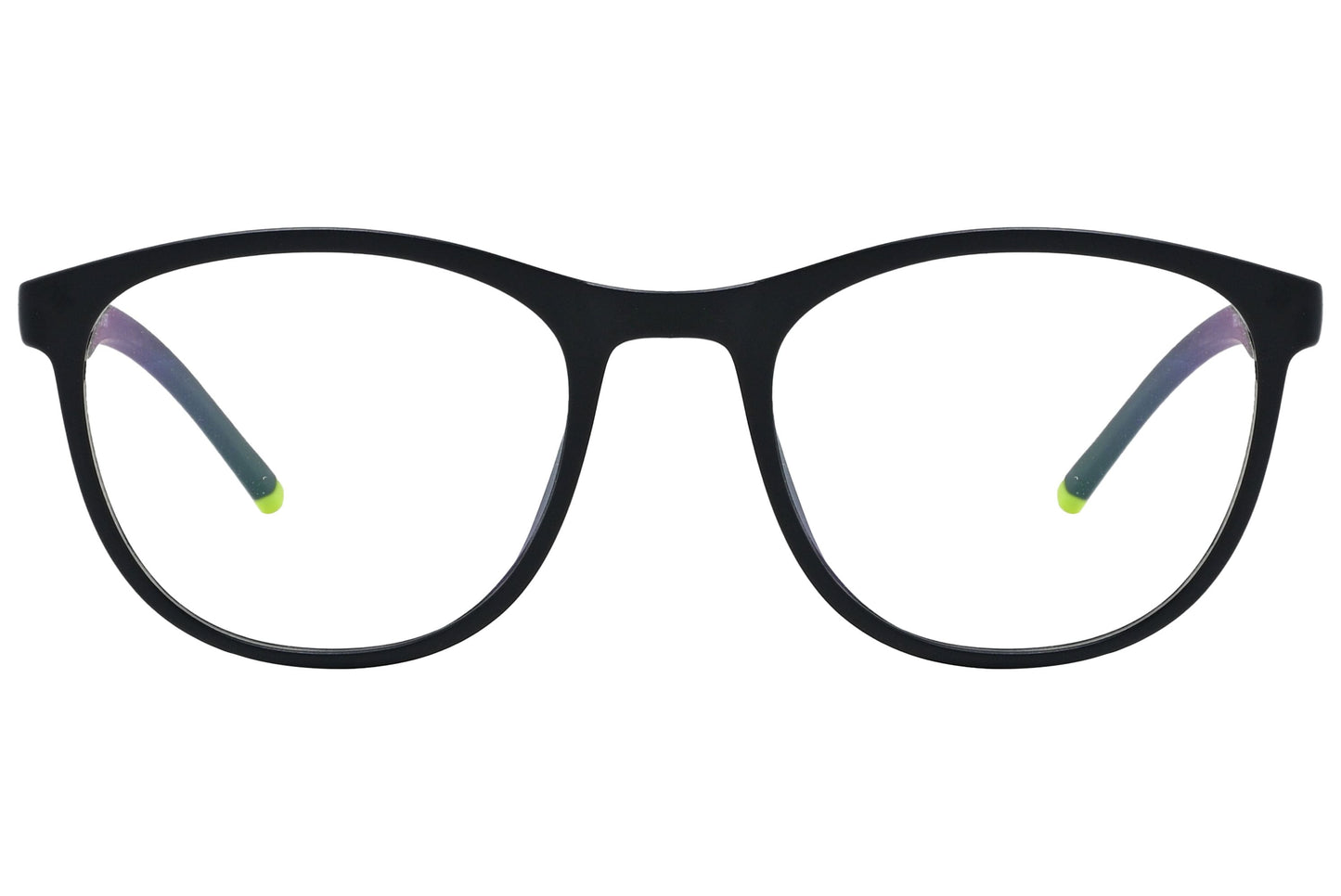 newest rectangle black with neon green eyeglasses frame viewed from front angle.