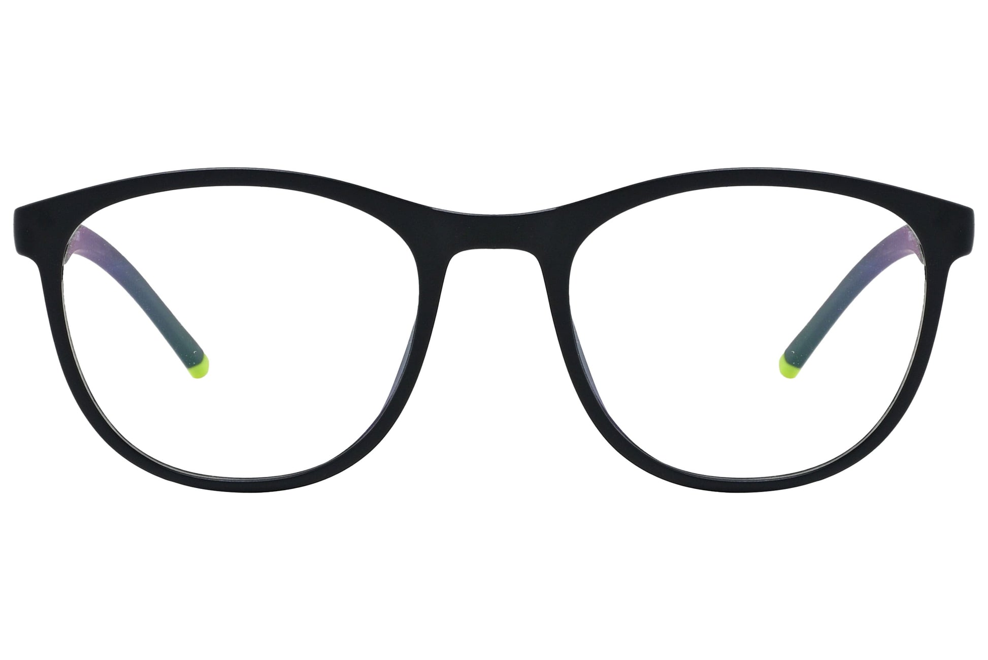 newest rectangle black with neon green eyeglasses frame viewed from front angle.