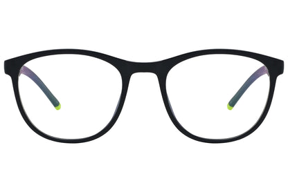 newest rectangle black with neon green eyeglasses frame viewed from front angle.