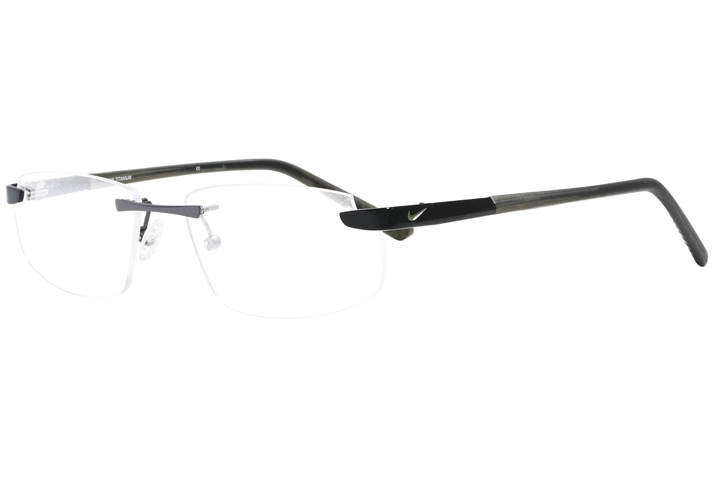 nike rimless black eyeglasses frame viewed from a 45-degree angle.