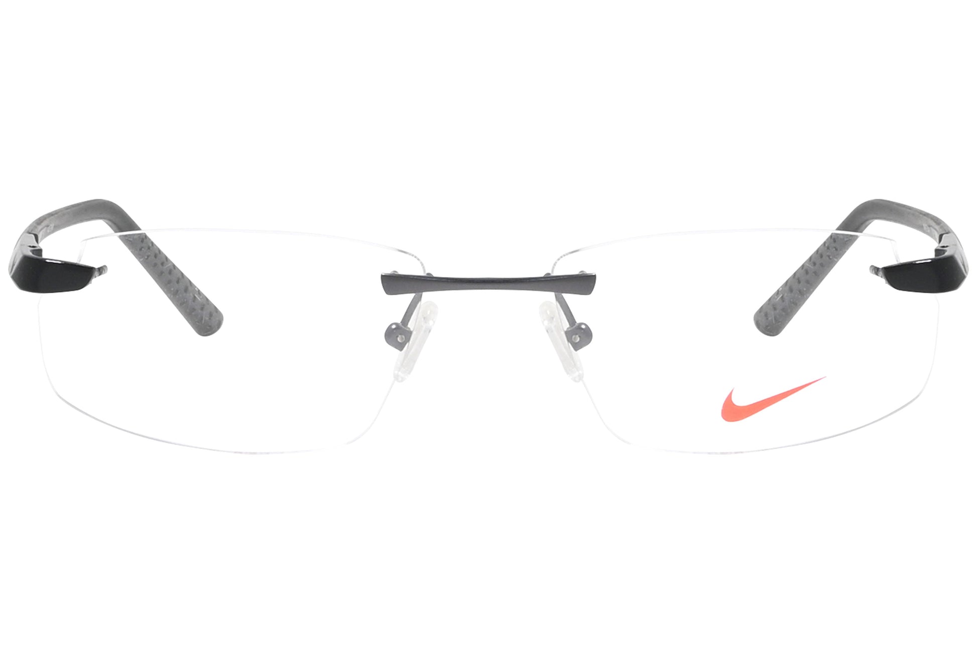 nike rimless black eyeglasses frame viewed from front angle.