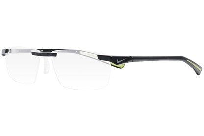 nike rimless green eyeglasses frame viewed from a 45-degree angle.