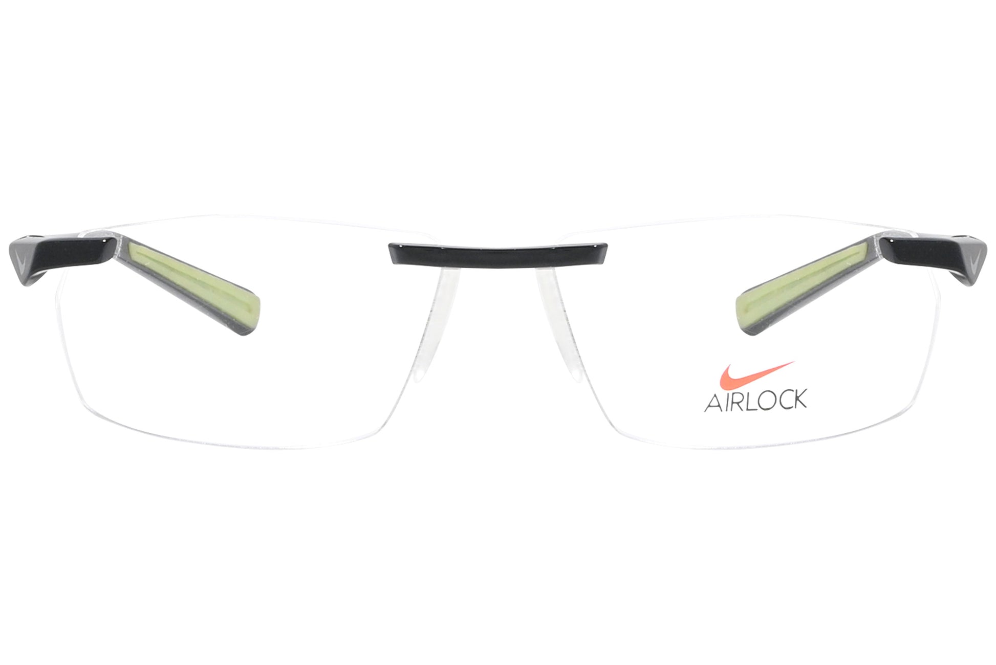 nike rimless green eyeglasses frame viewed from front angle.