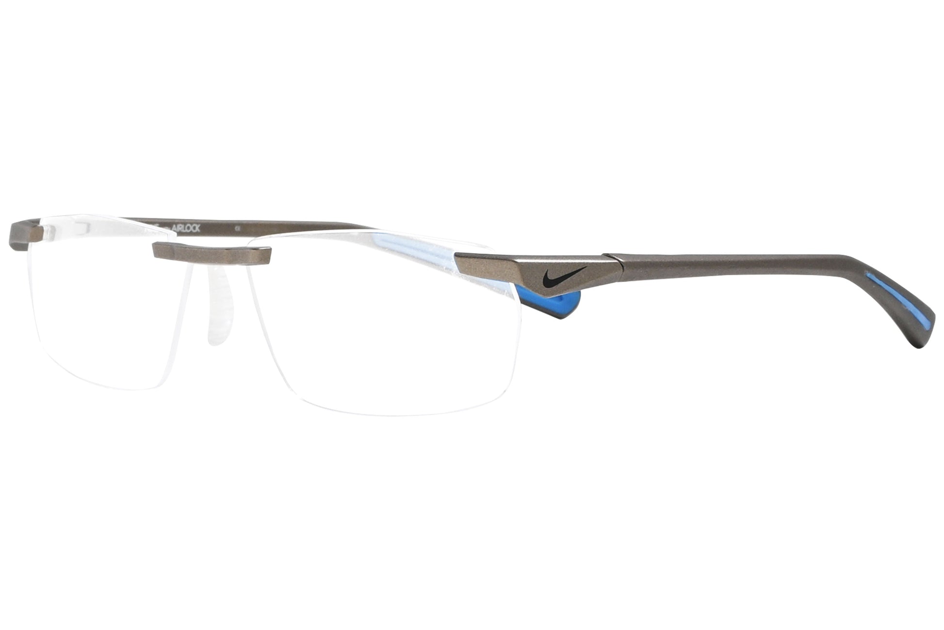 nike rimless gray, blue eyeglasses frame viewed from a 45-degree angle.