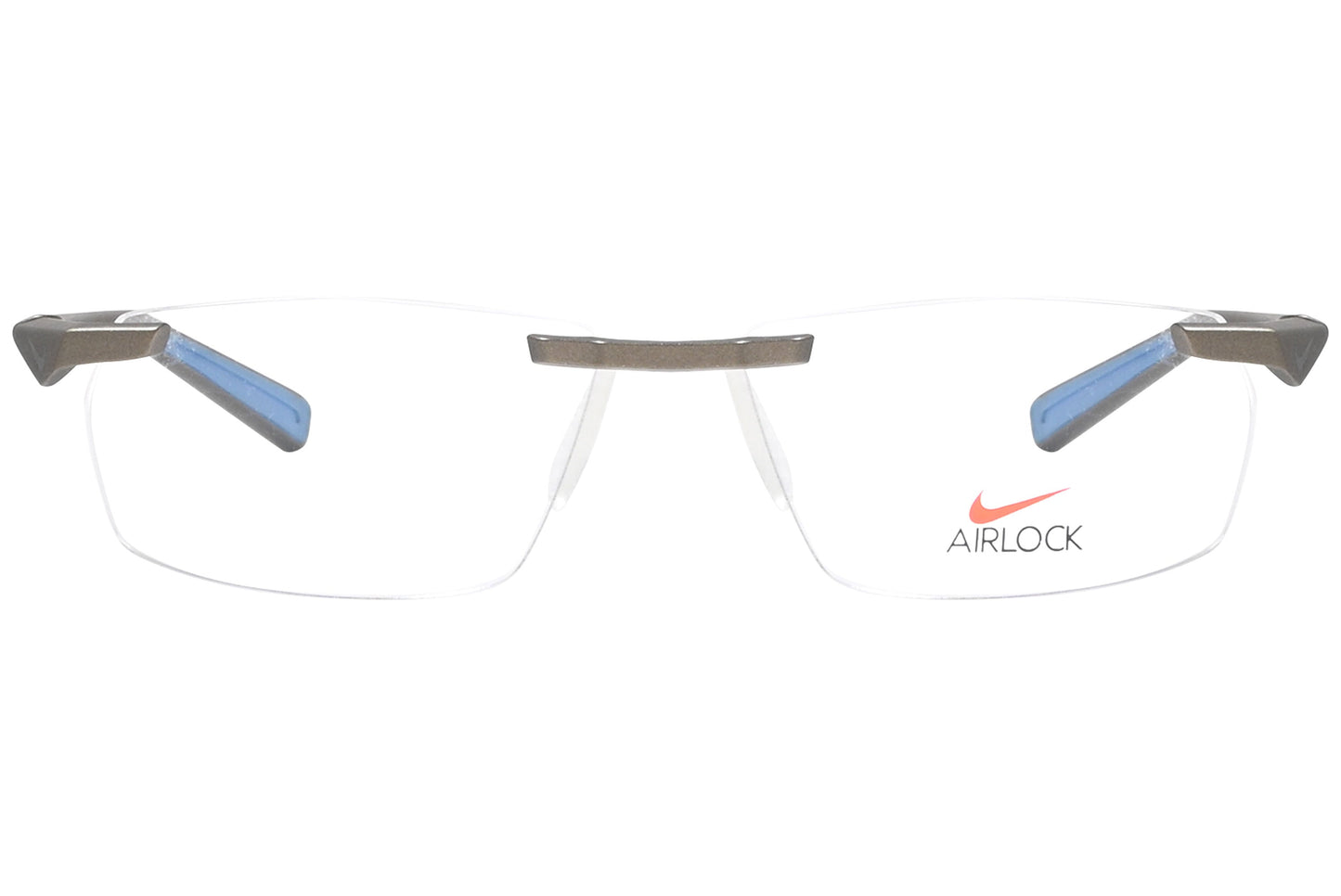 nike rimless gray, blue eyeglasses frame viewed from front angle.