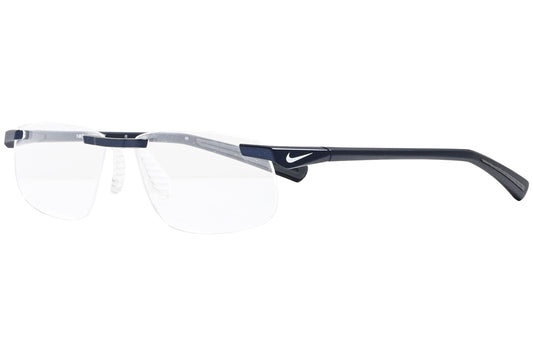 nike rimless blue eyeglasses frame viewed from a 45-degree angle.