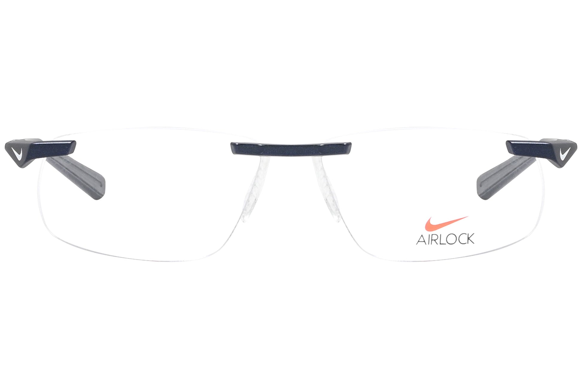 nike rimless blue eyeglasses frame viewed from front angle.