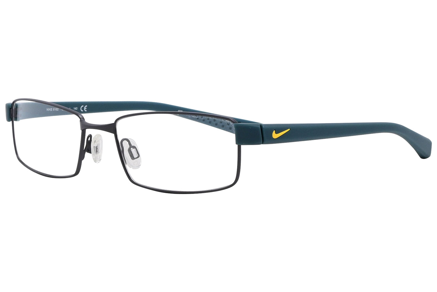 nike rectangle blue eyeglasses frame viewed from a 45-degree angle.