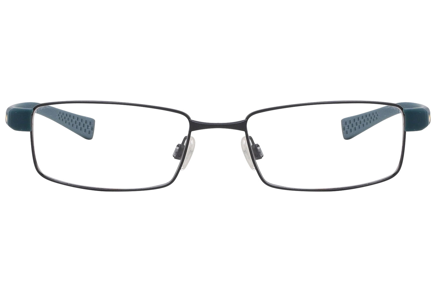 nike rectangle blue eyeglasses frame viewed from front angle.