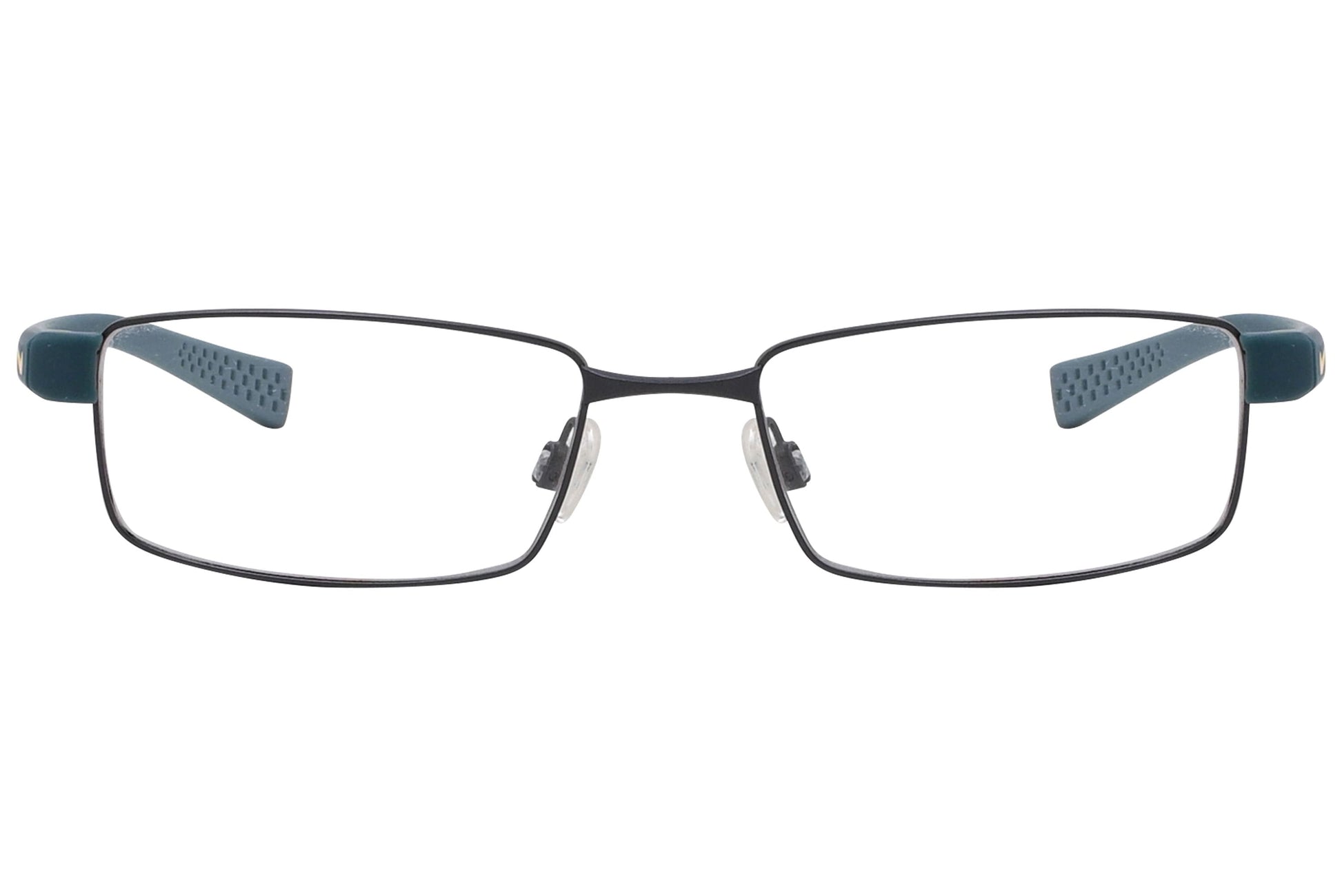 nike rectangle blue eyeglasses frame viewed from front angle.