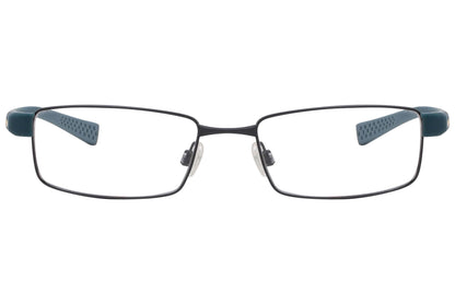 nike rectangle blue eyeglasses frame viewed from front angle.