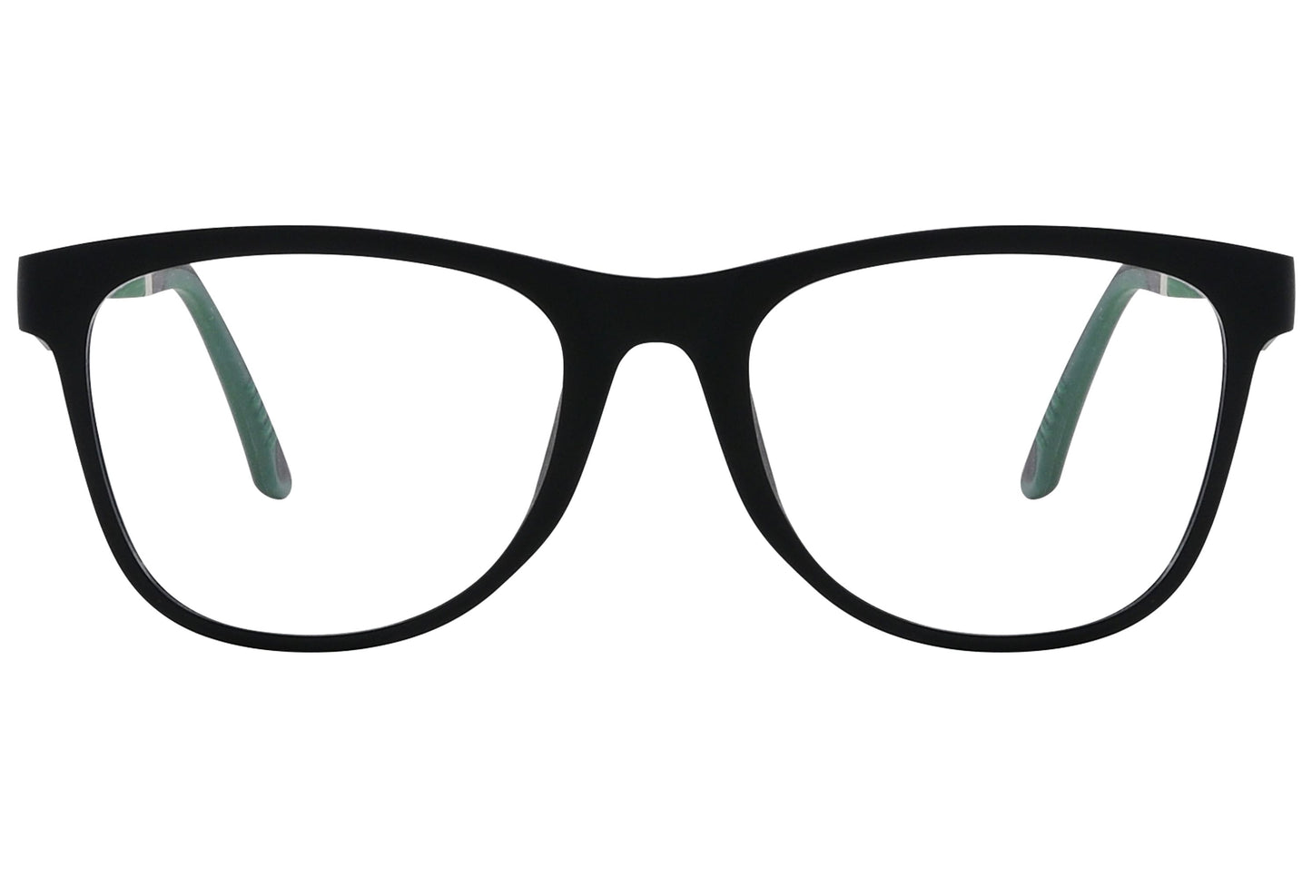 obahn! wayfarer green eyeglasses frame viewed from front angle.