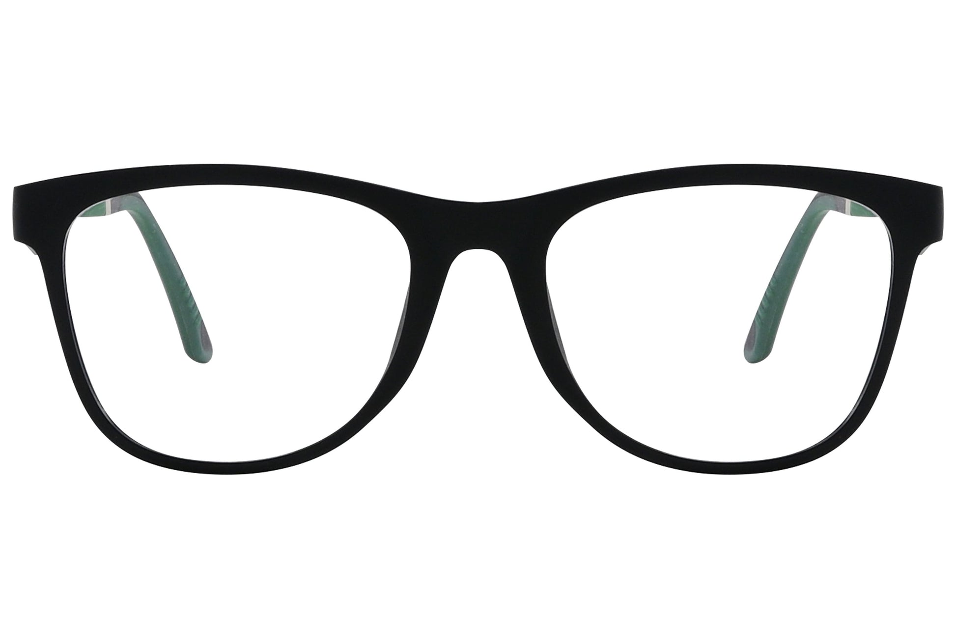 obahn! wayfarer green eyeglasses frame viewed from front angle.