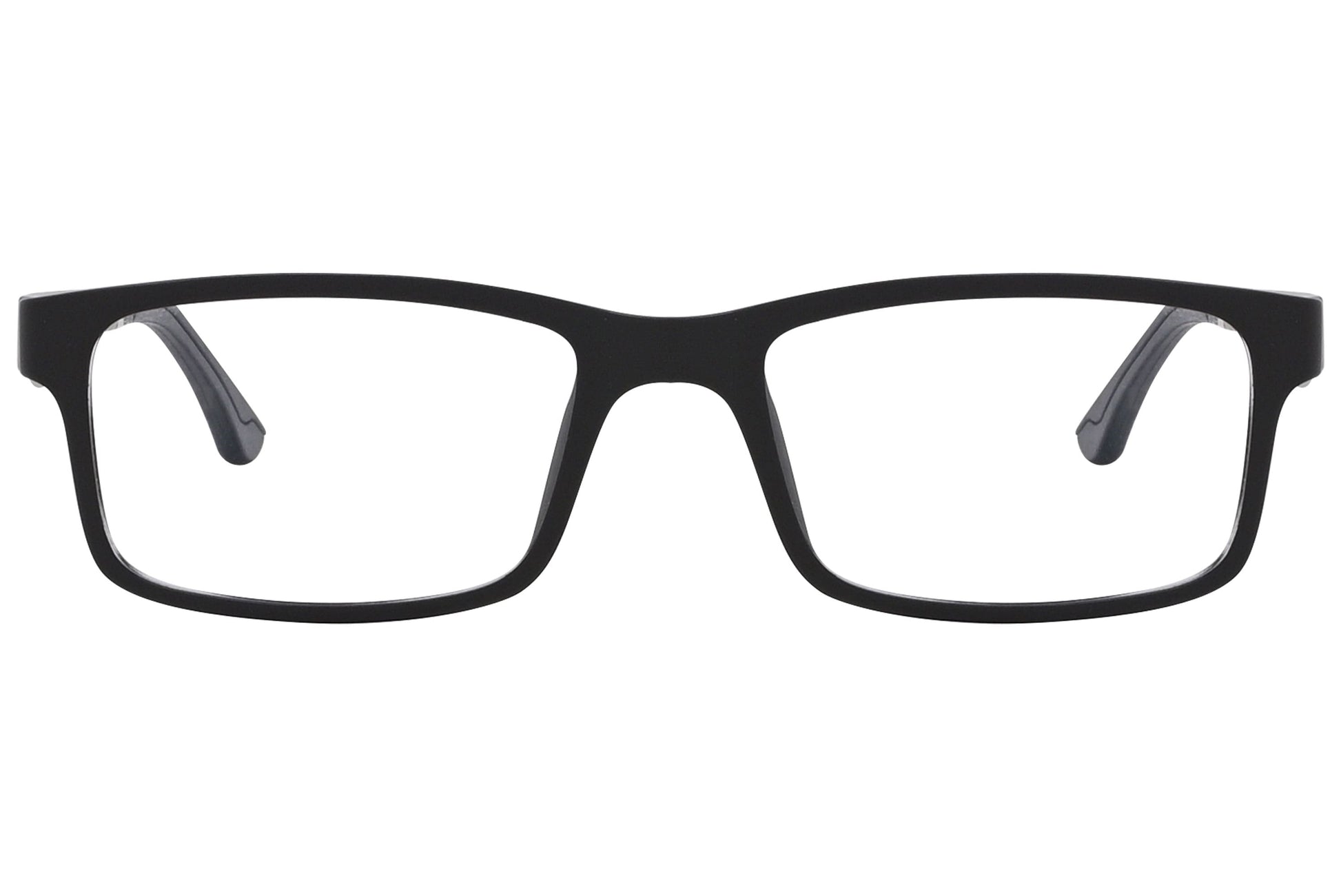 obahn! rectangle black eyeglasses frame viewed from front angle.