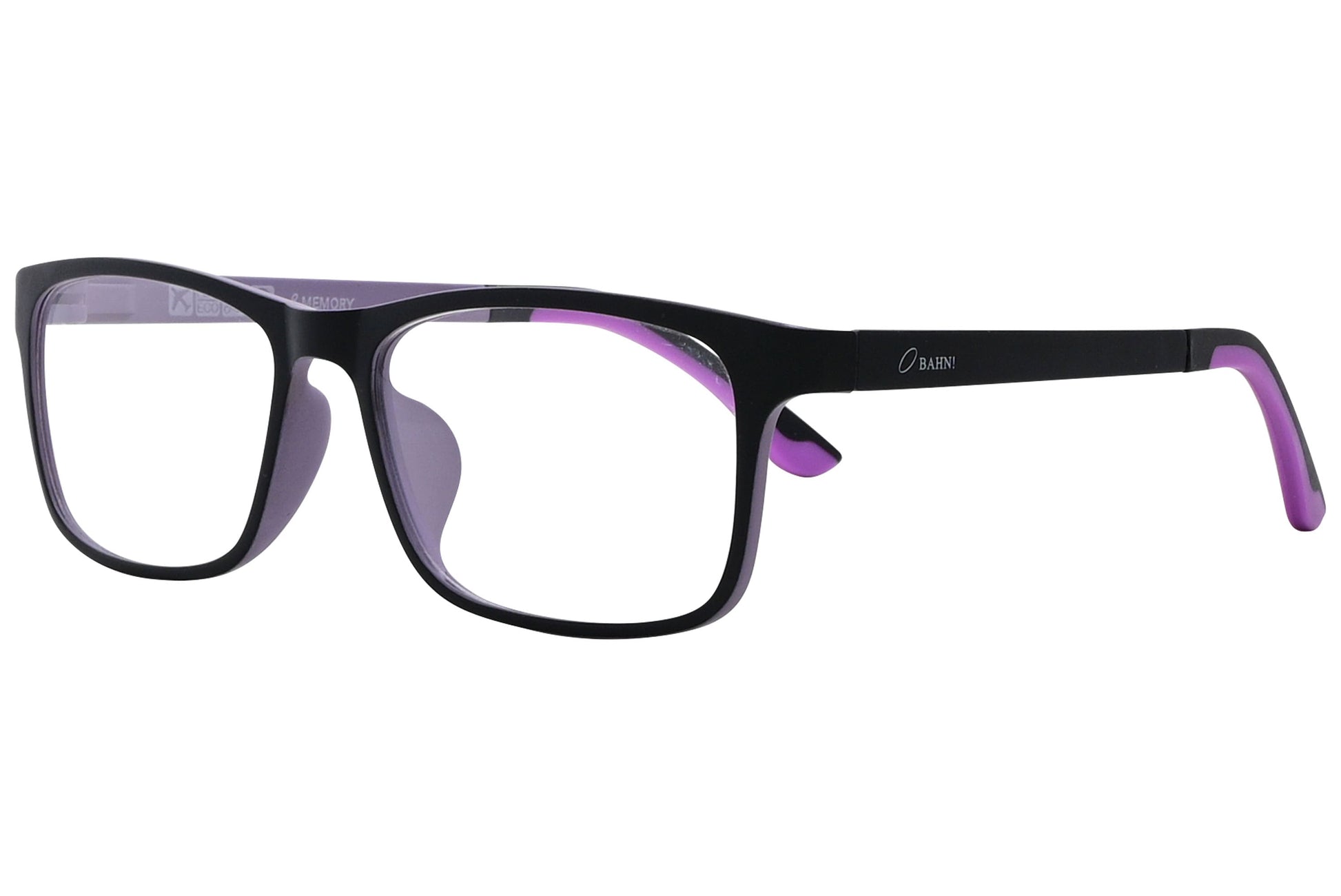 obahn! square purple eyeglasses frame viewed from a 45-degree angle.