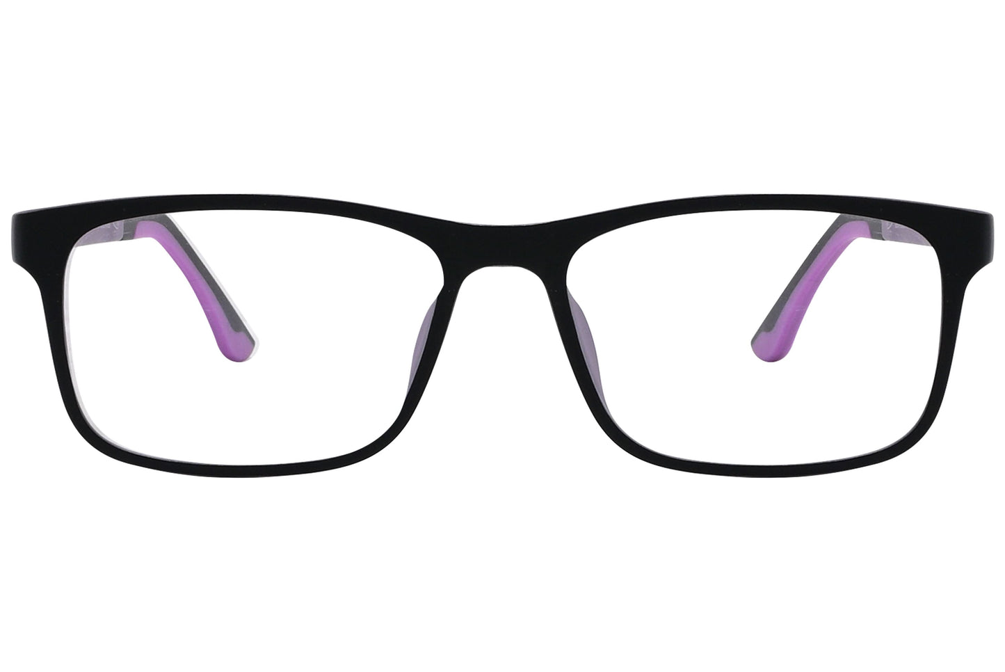 obahn! square purple eyeglasses frame viewed from front angle.