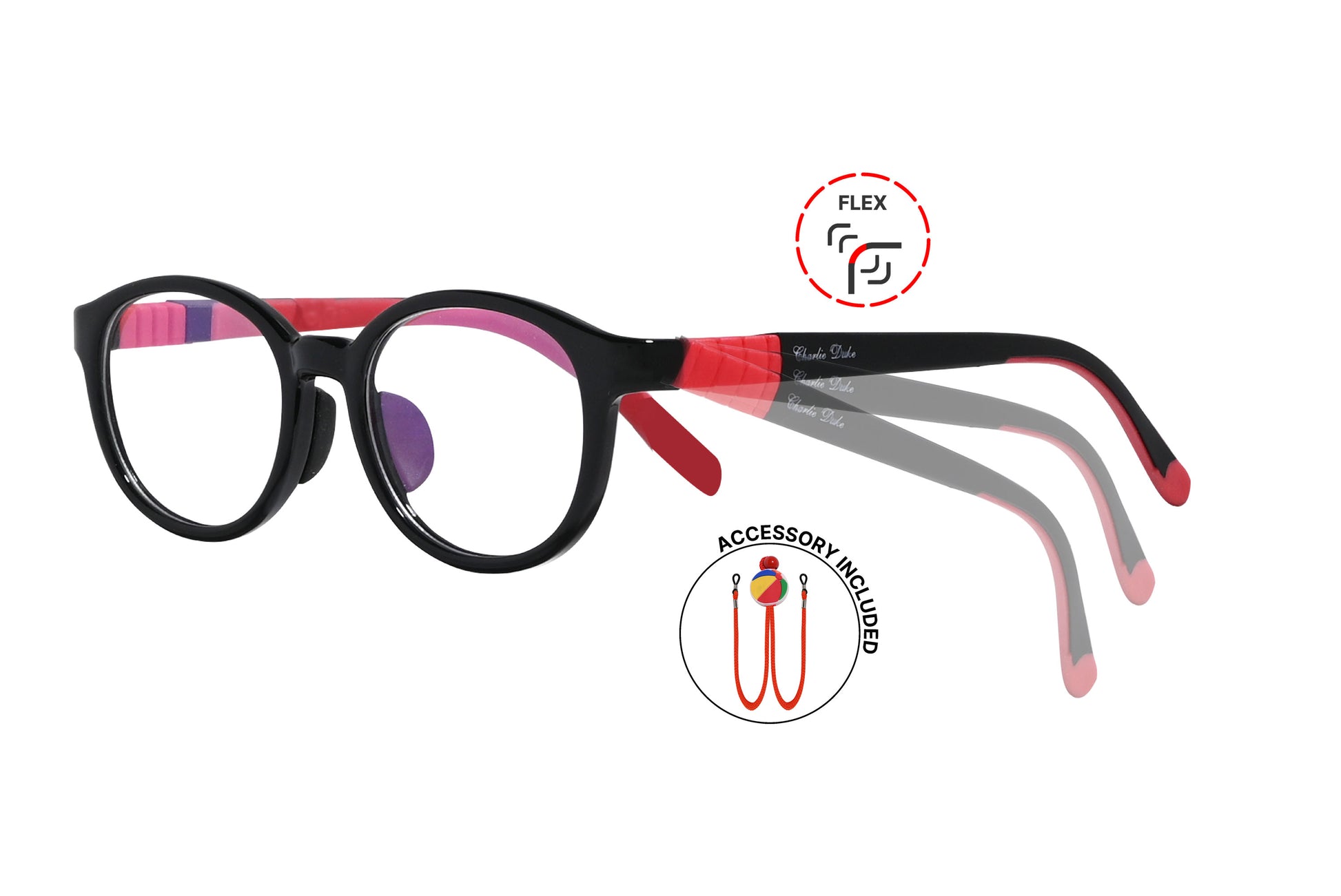 Side view of eyeglasses featuring flexible temples and included accessory for comfort and convenience.