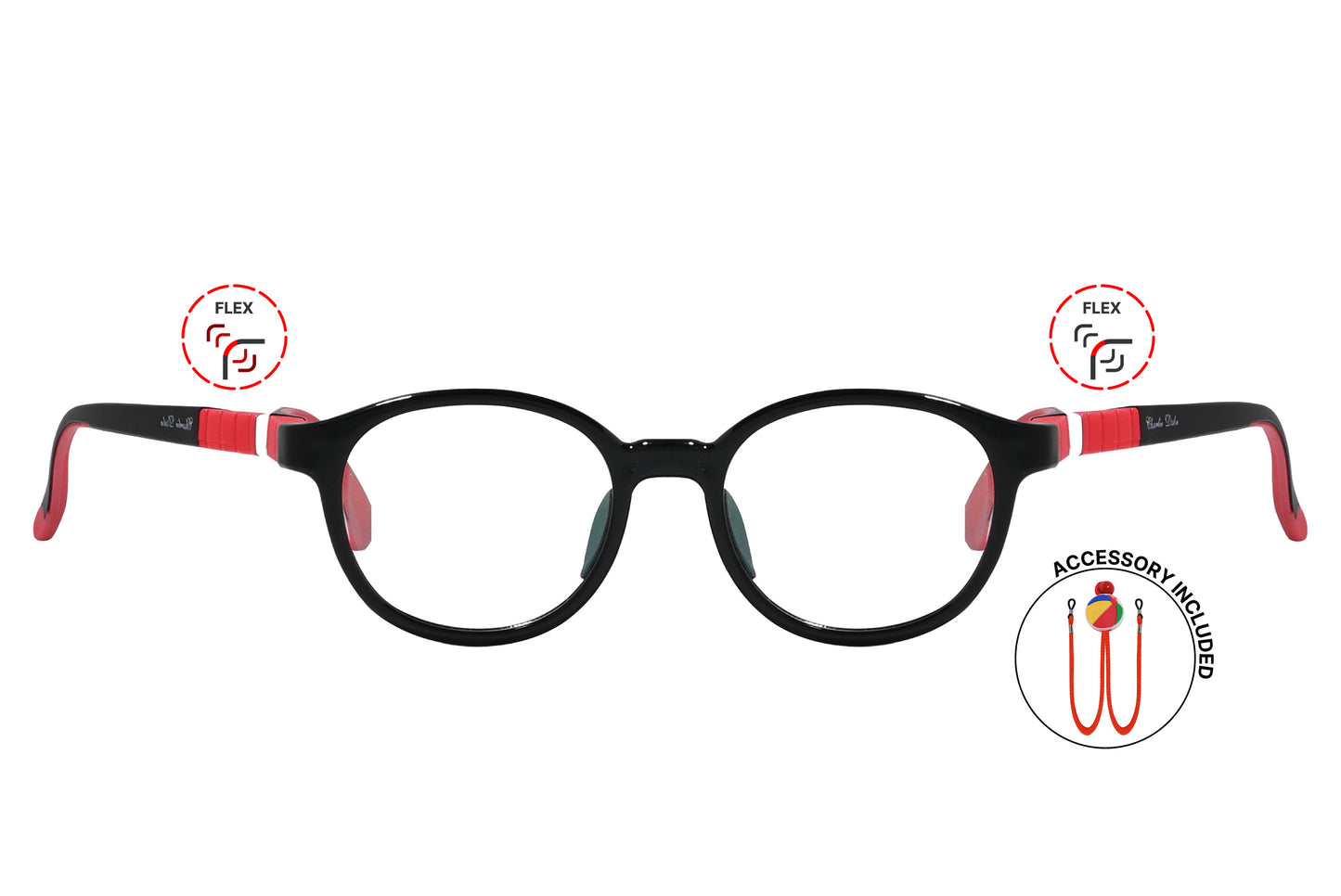 Front view of eyeglasses featuring flexible temples and included accessory for comfort and convenience.