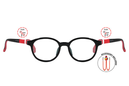 Front view of eyeglasses featuring flexible temples and included accessory for comfort and convenience.