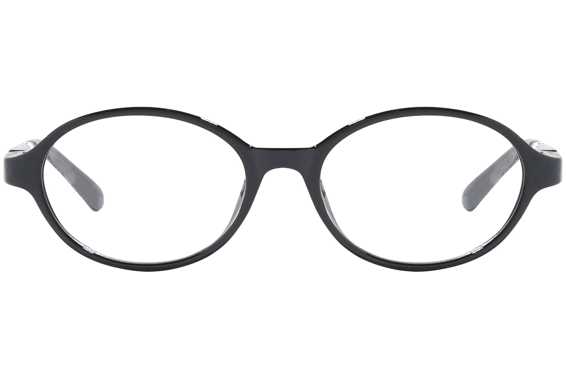 Front view of stylish eyeglasses with sleek frame design