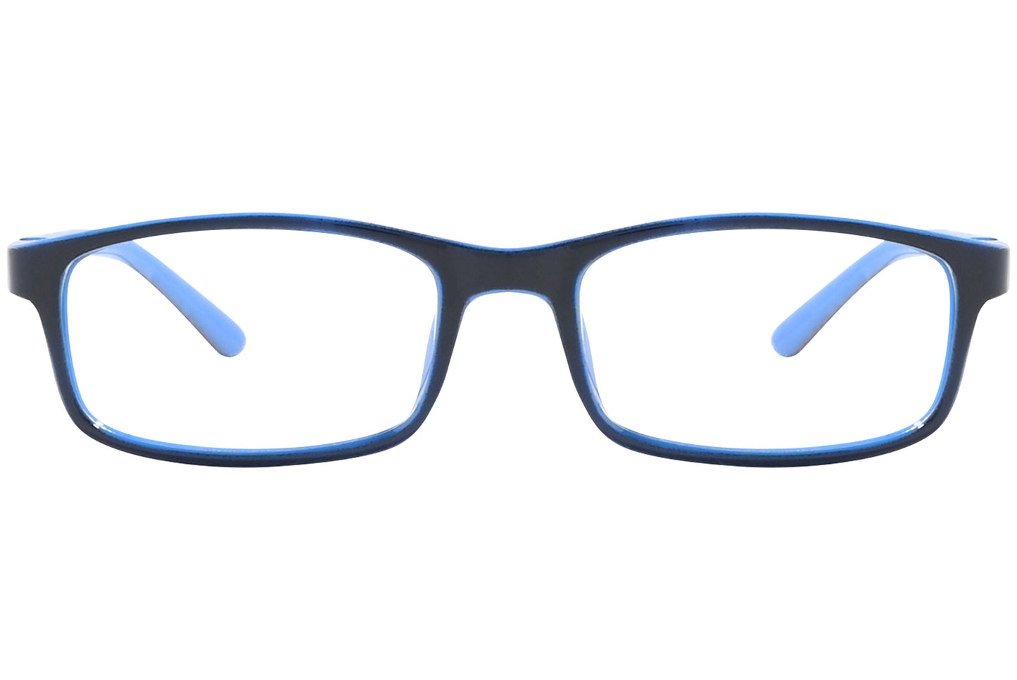 Front view of stylish eyeglasses with sleek frame design