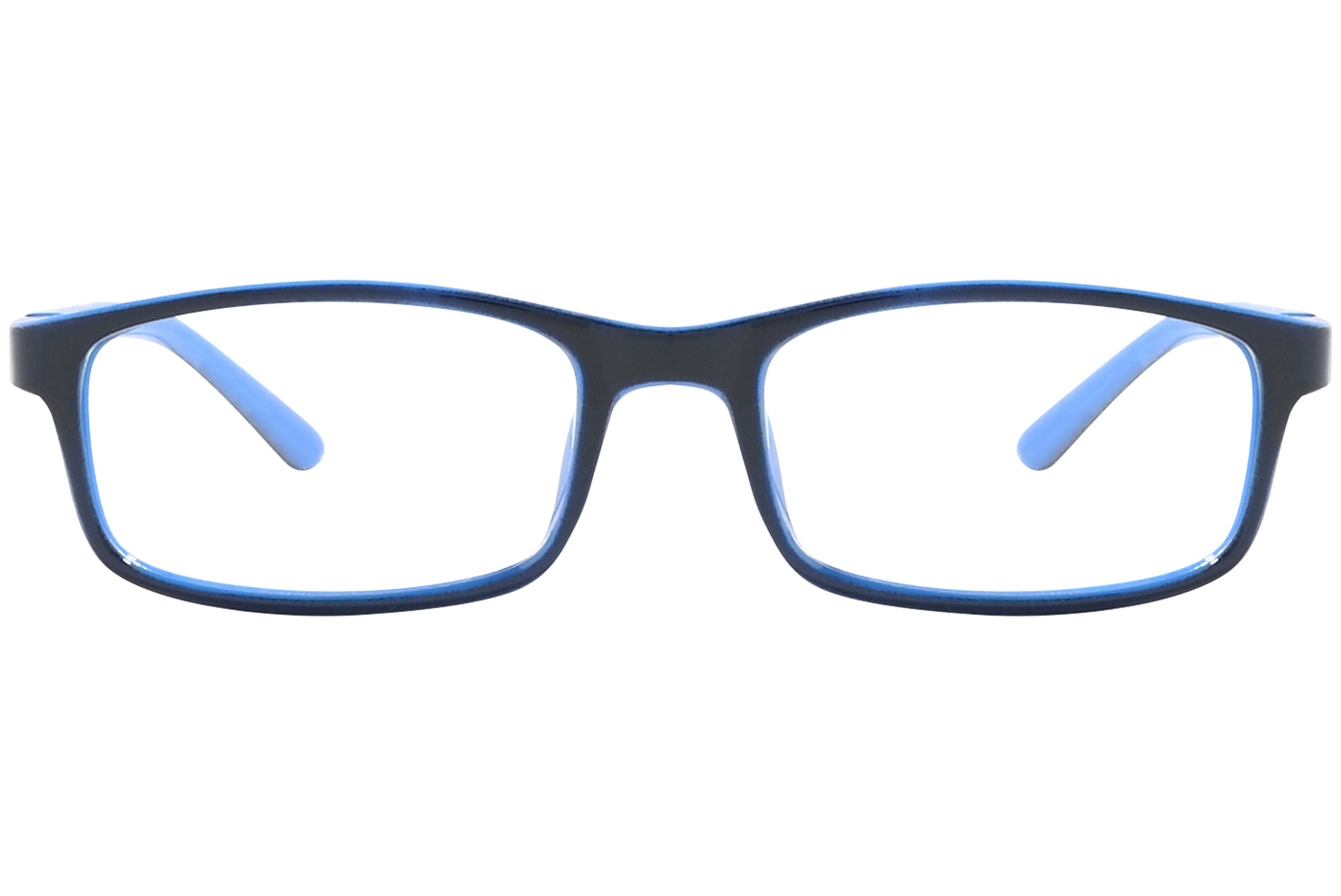 Front view of stylish eyeglasses with sleek frame design