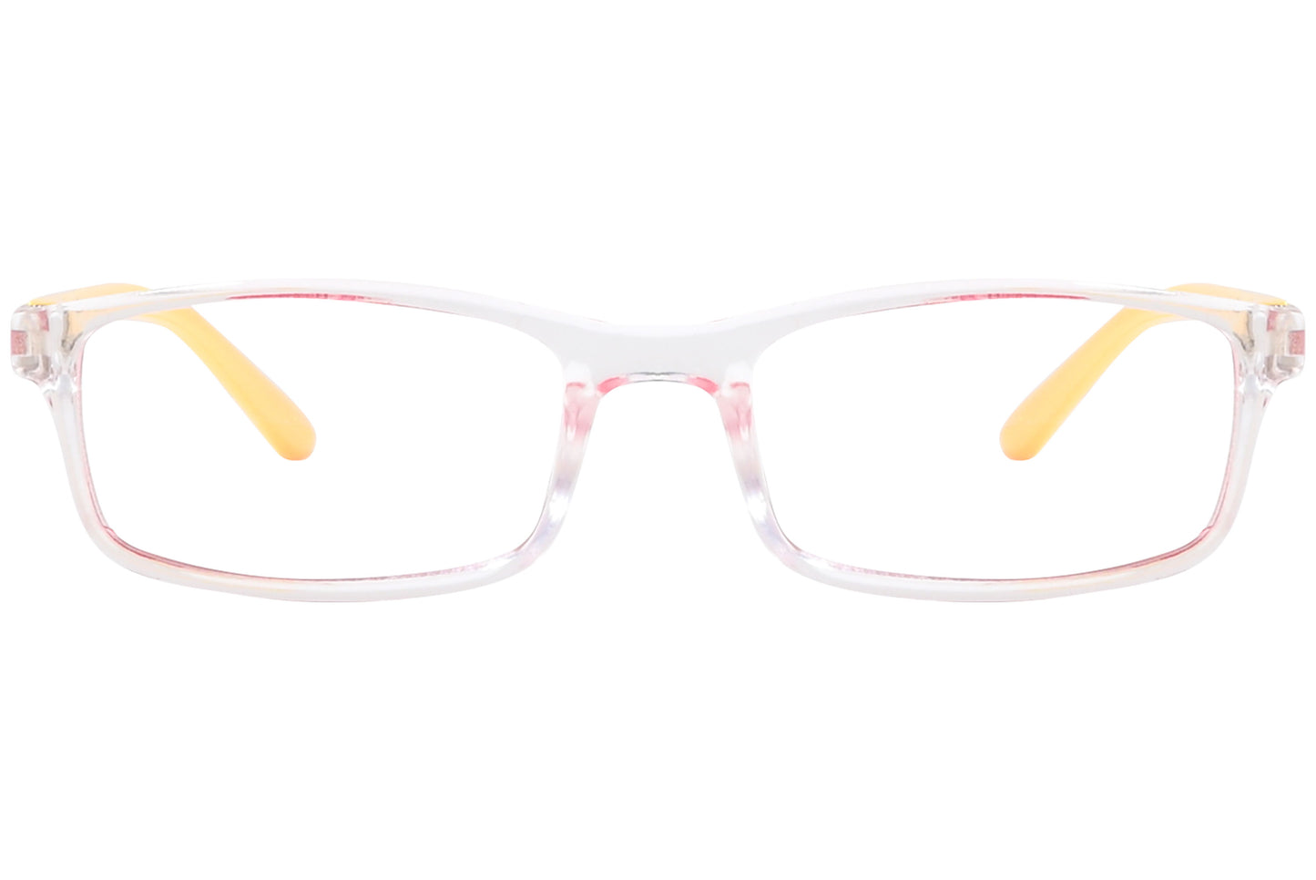 Front view of stylish eyeglasses with sleek frame design