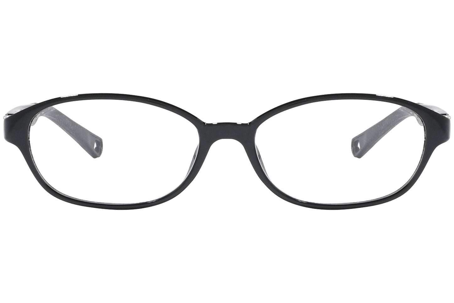 Front view of stylish eyeglasses with sleek frame design