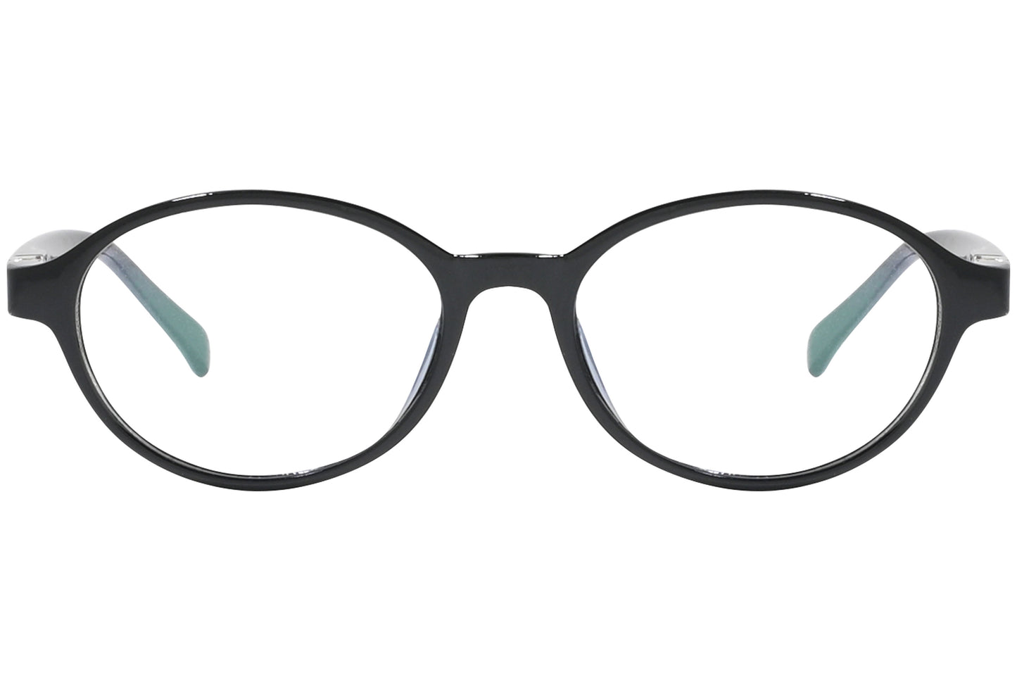 Front view of stylish eyeglasses with sleek frame design