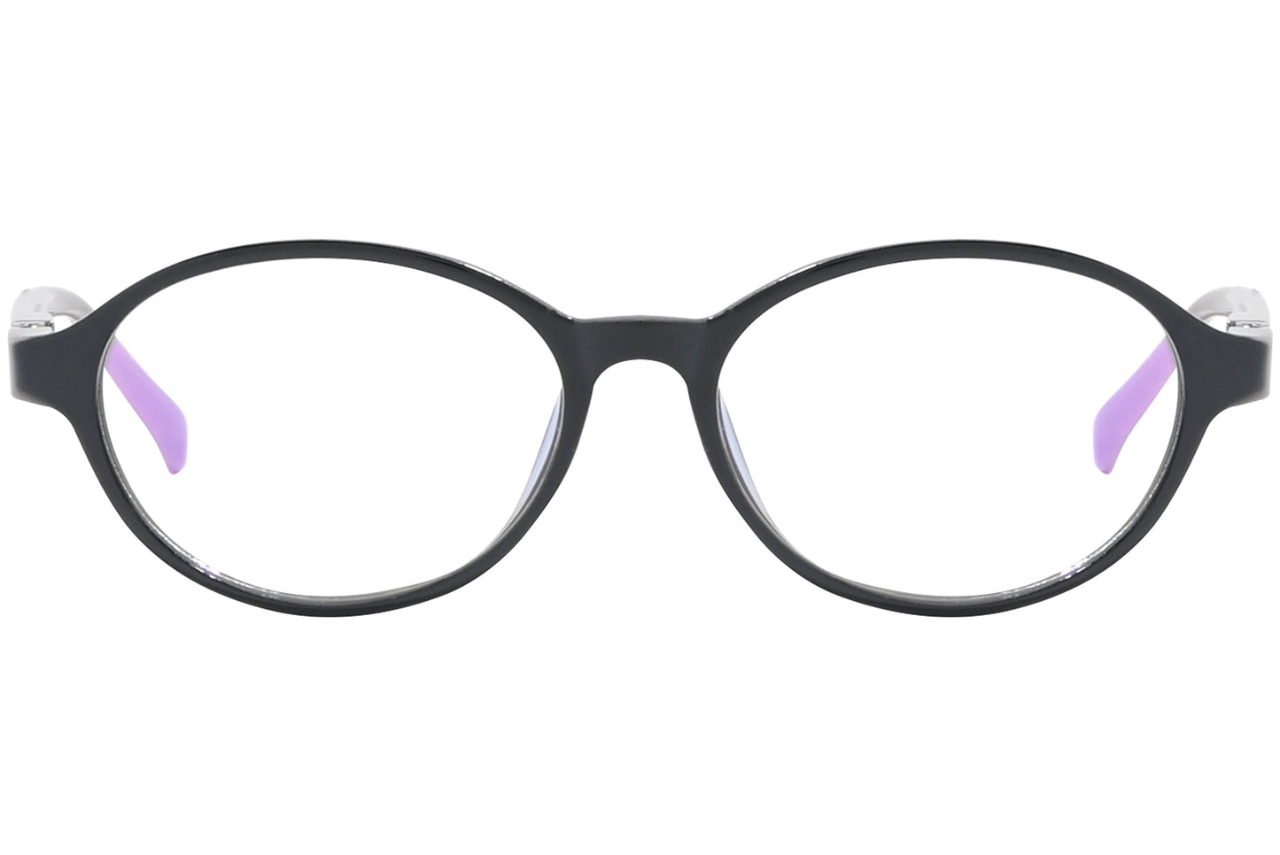 Front view of stylish eyeglasses with sleek frame design