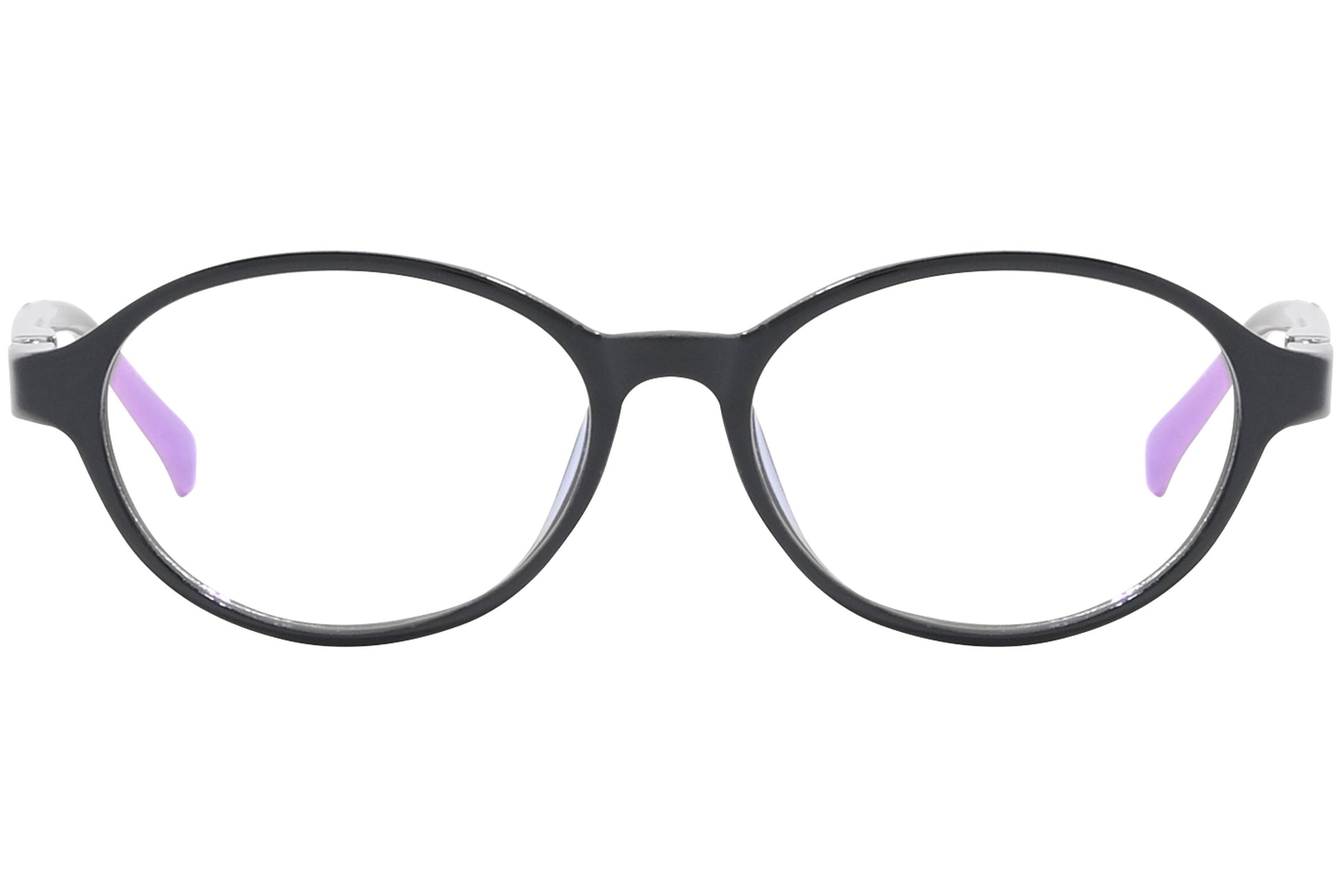 Front view of stylish eyeglasses with sleek frame design