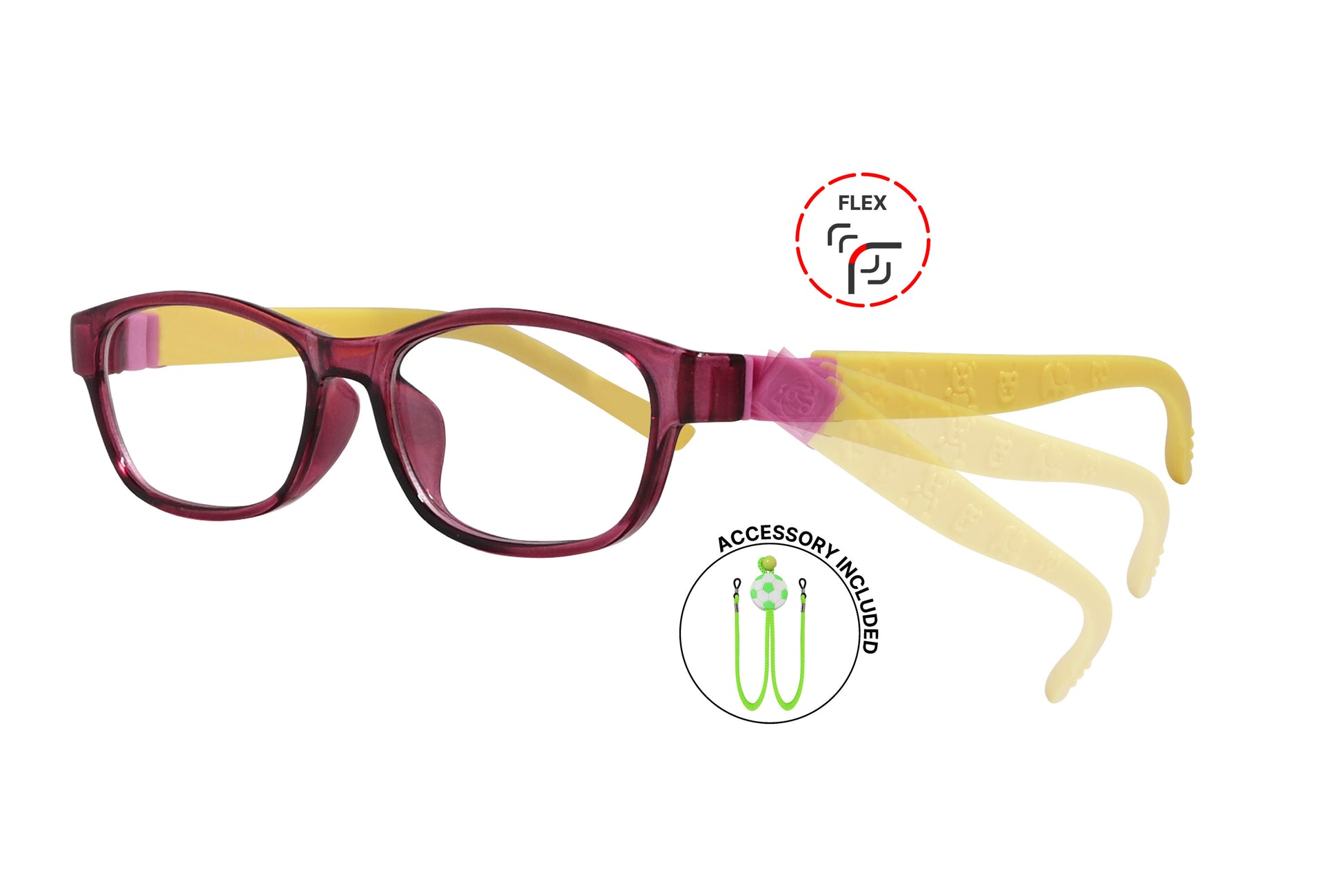 Side view of eyeglasses with flexible temple