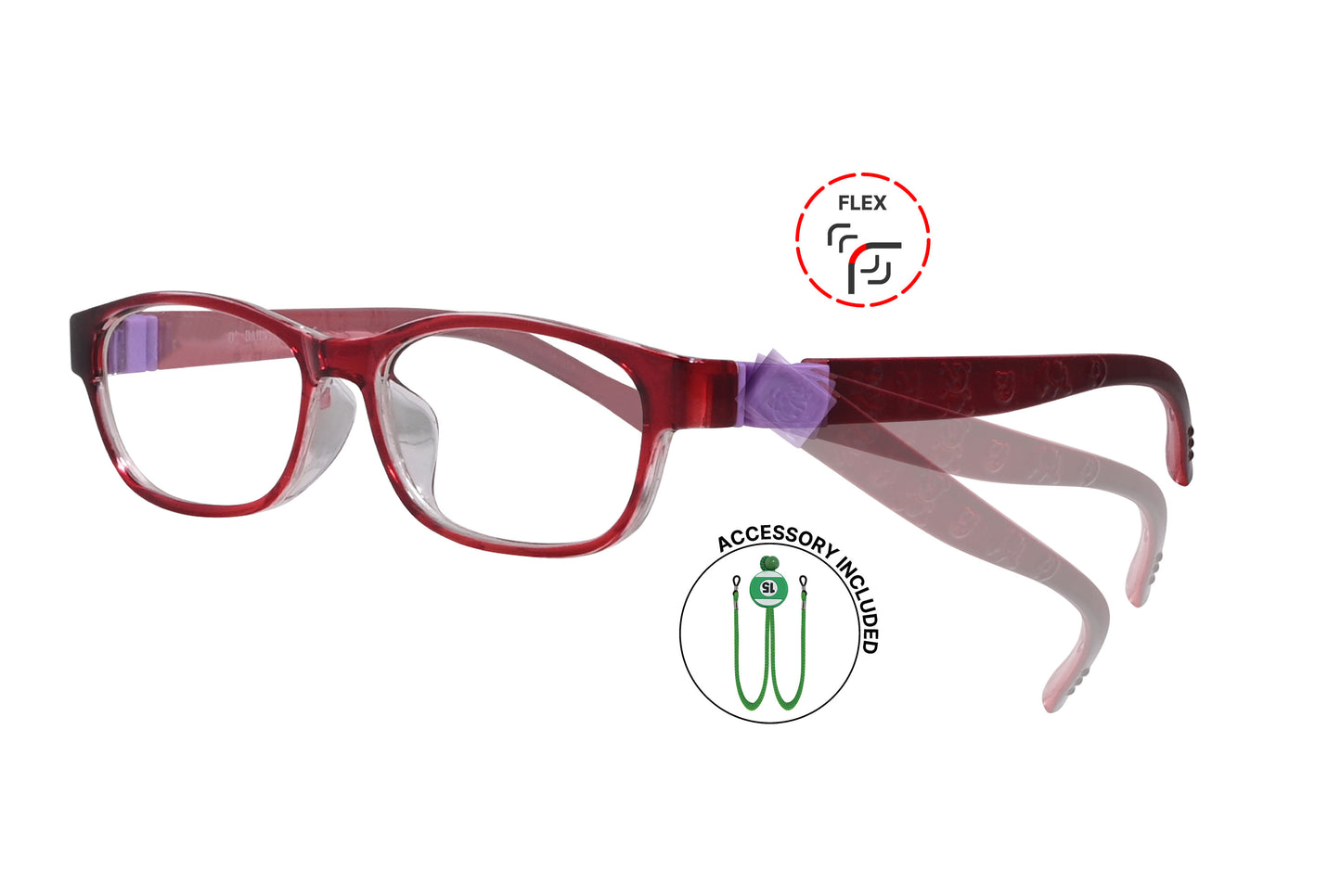 Side view of eyeglasses featuring flexible temples and included accessory for comfort and convenience.